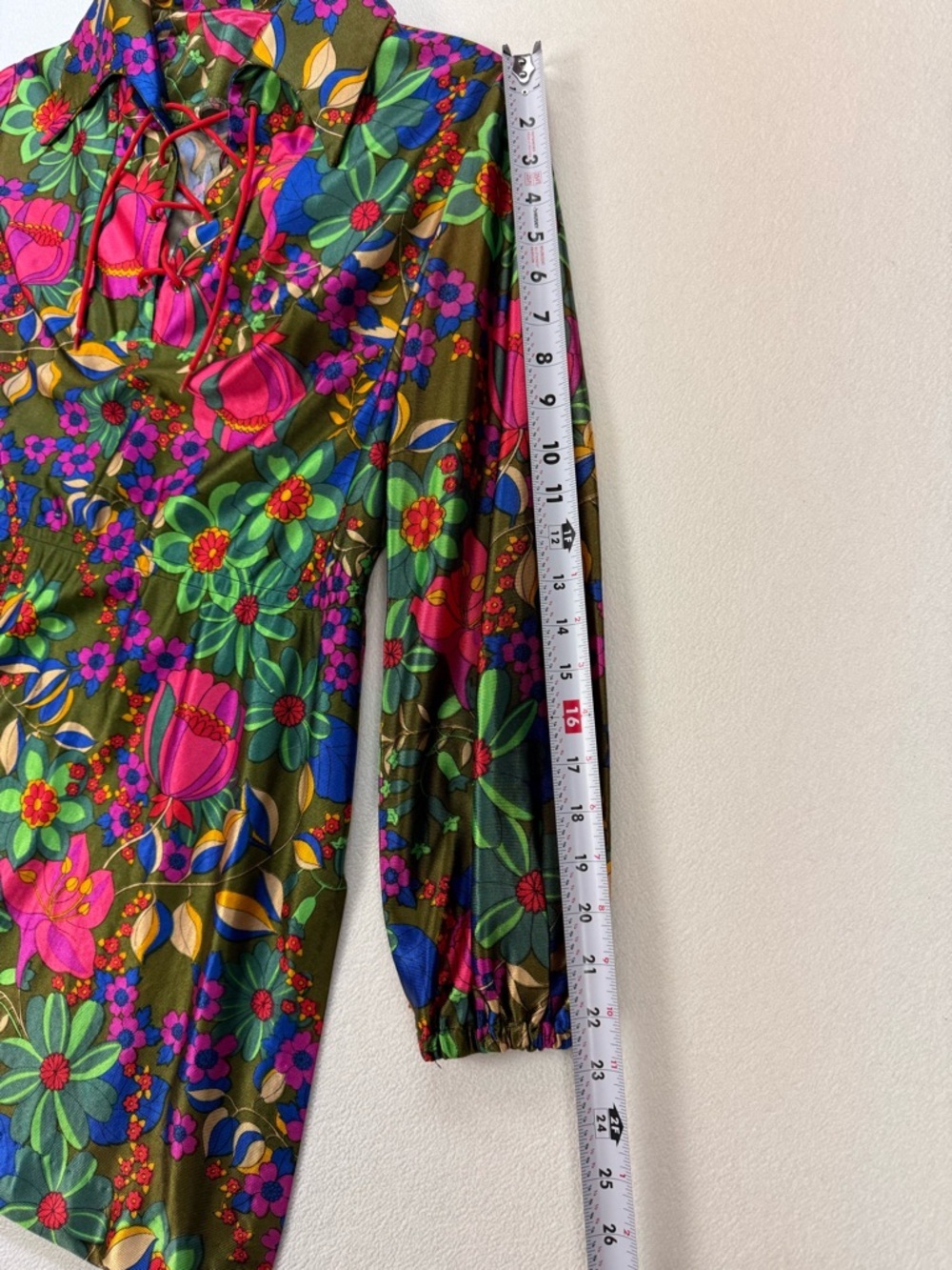 Vintage 60s 70s Mod Floral Mini Dress Boho Psychedelic Lace-Up Neck Long Sleeve - Picture 7 of 8